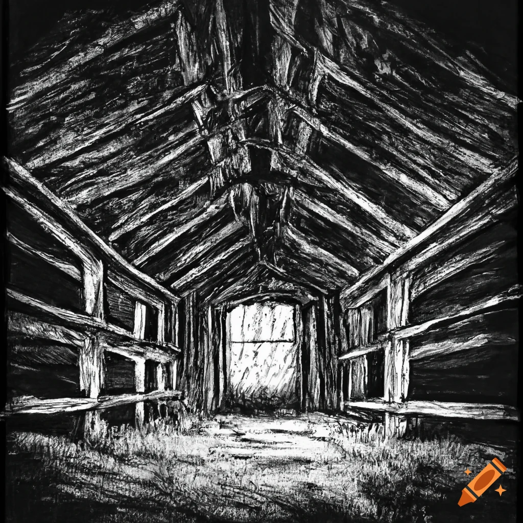 Interior of an old barn at night in charcoal black and white drawing