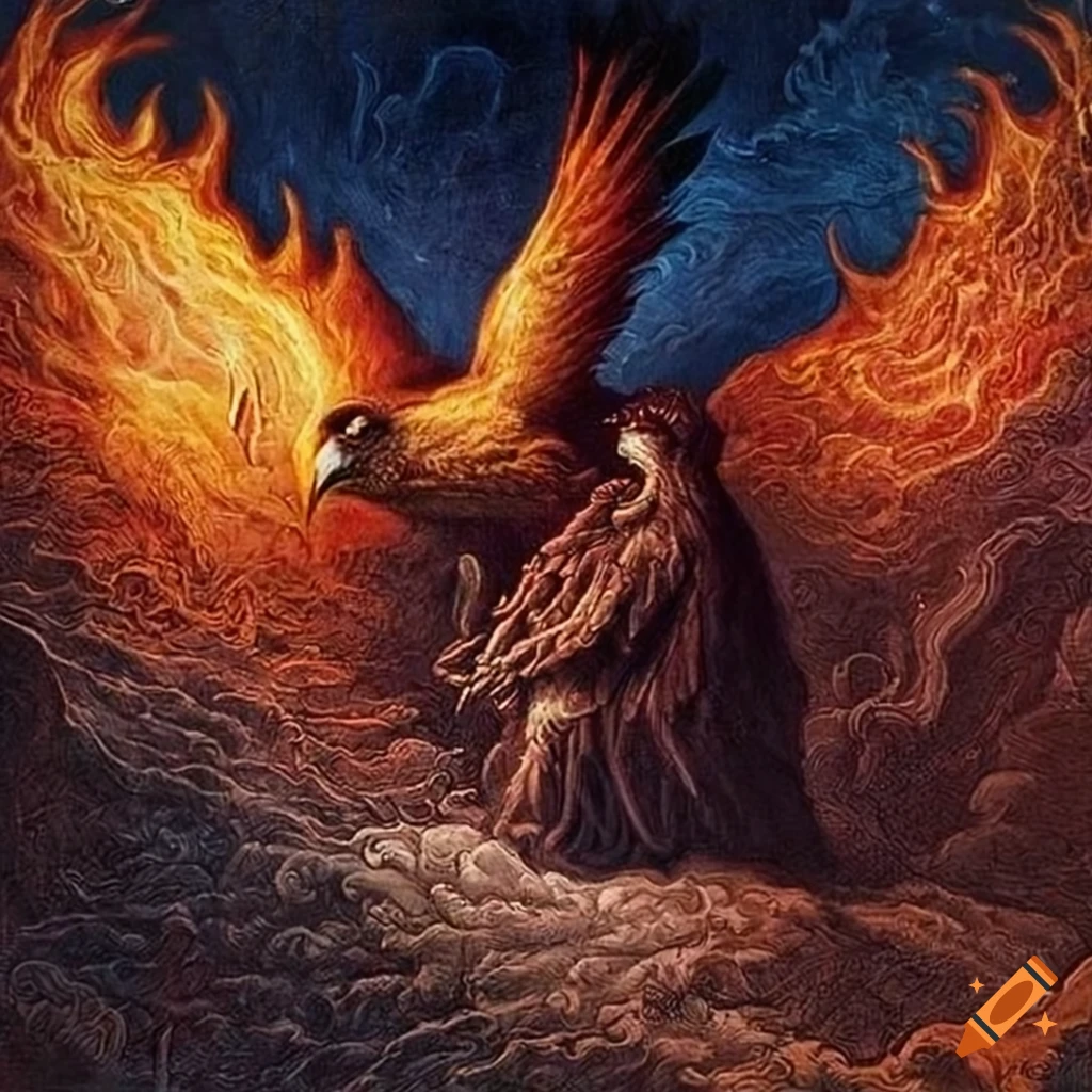 Abyss of fire with a double-headed eagle and eye by Gustave Dore in visionary art