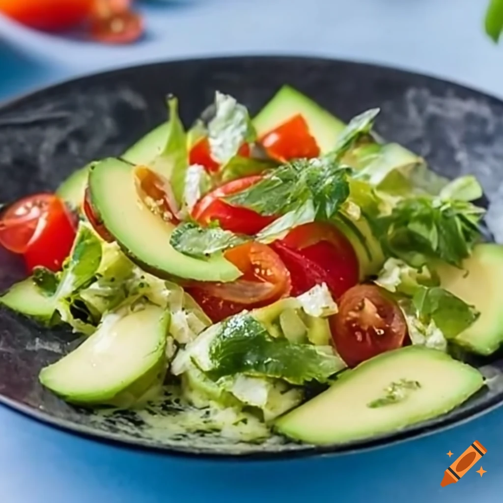 Plate of avocado and tomato salad with seasoning in blue lighting