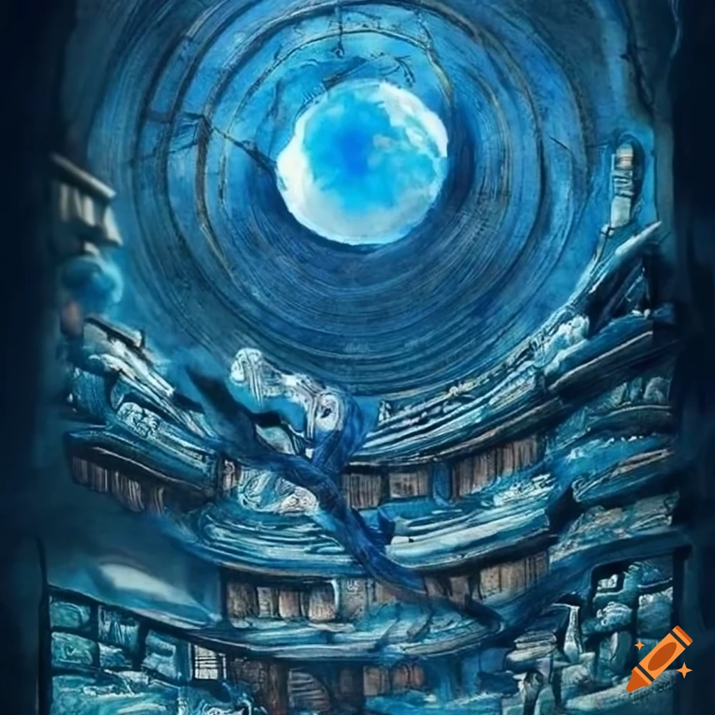 Chinese ink art of a magician's mystical library with blue-hued books