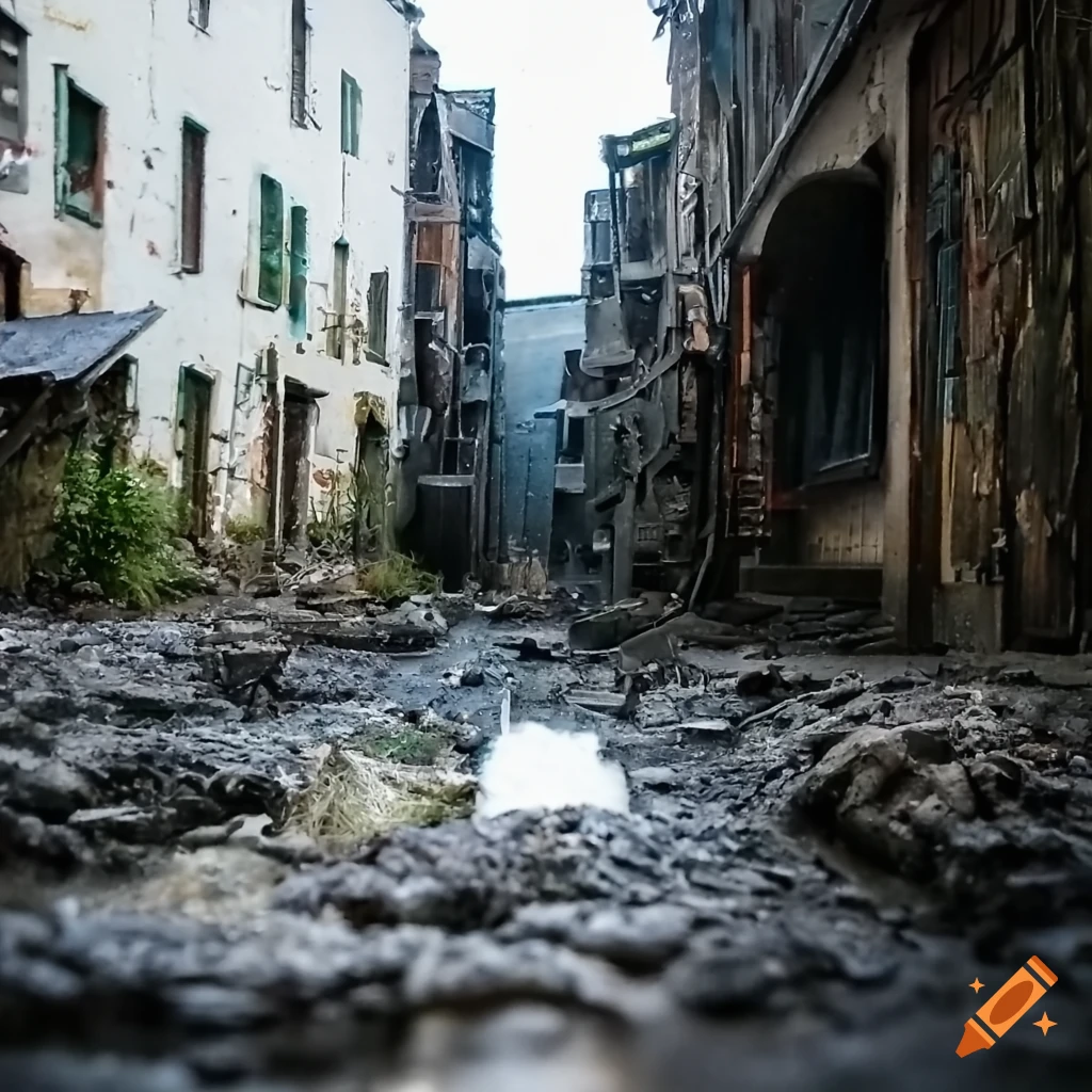 Miniature post-apocalyptic alley diorama with puddles of water