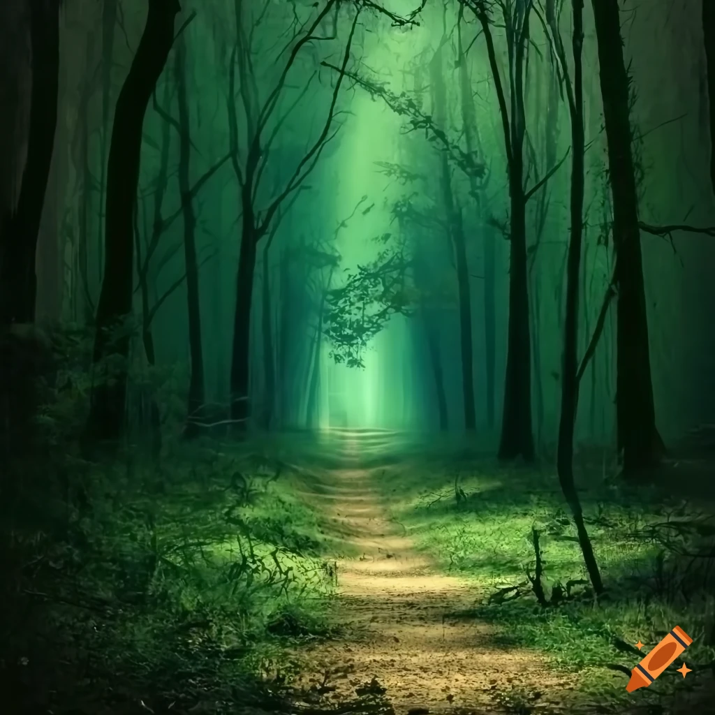 Neglected forest path obstructed by foliage and shadows leading towards ...