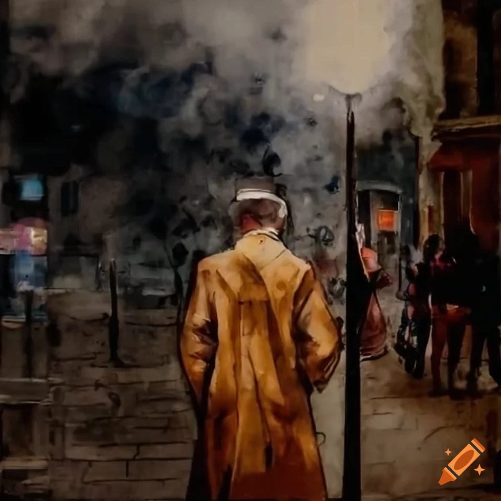 Man deep in thought at a rainy street corner with cigarette smoke