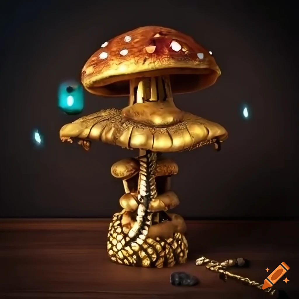 Skeleton with golden plating and gemstones, snake mushroom hat, intricate electrical wiring body