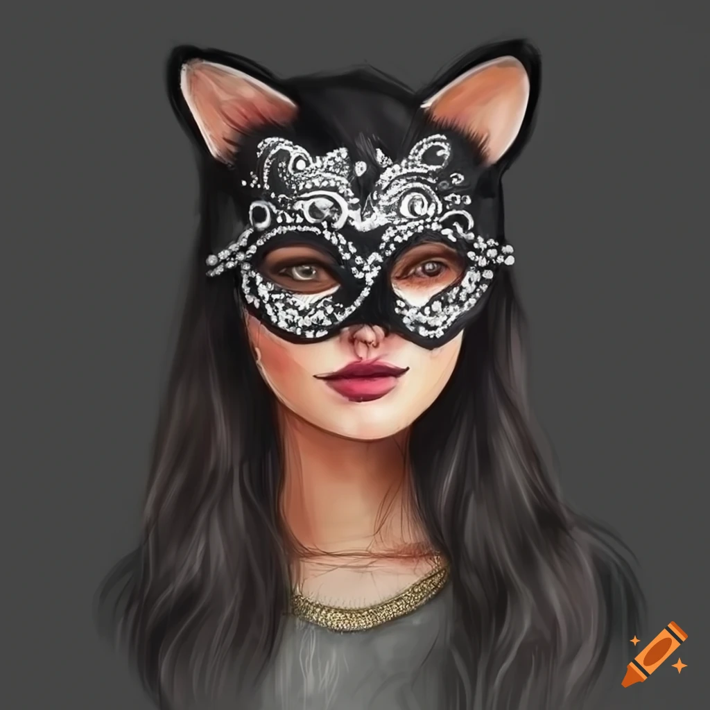 Girl with black hair wearing cat masquerade mask