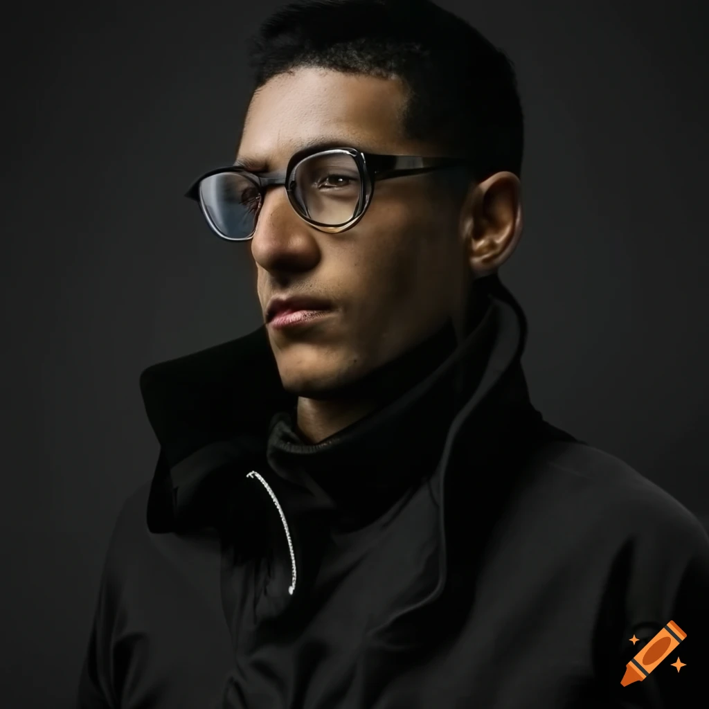 Athletic Brazilian man with short black hair and glasses in a black jogging jacket