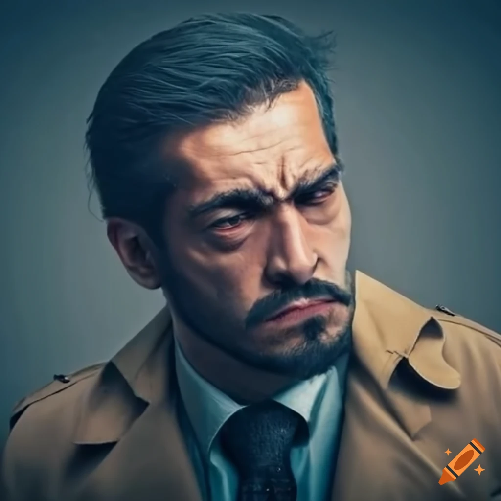 Rough and exhausted spanish man in a trench coat on Craiyon