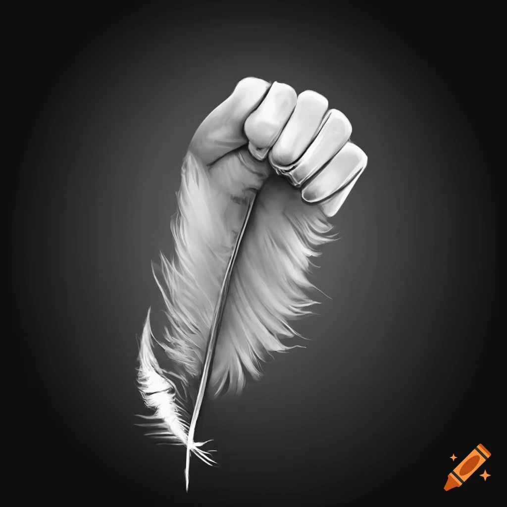 Gleaming metal fist next to a graceful white feather