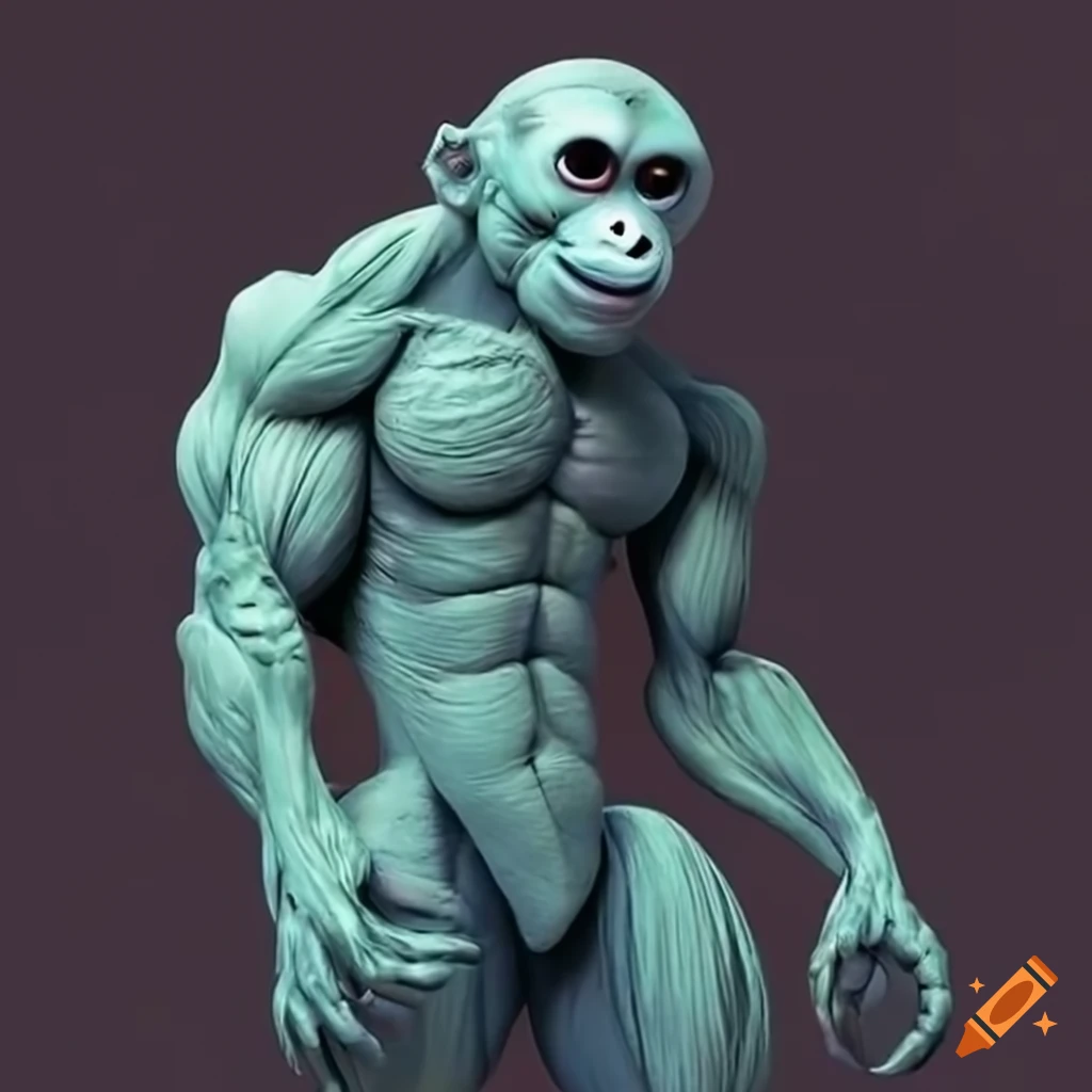 Monkey with space alien head and muscular arms on Craiyon