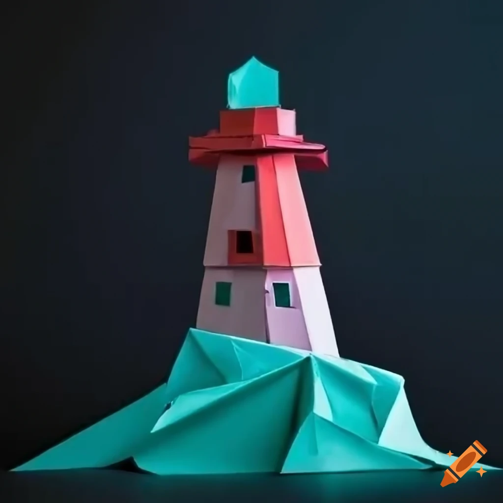 Origami lighthouse on a vibrant coastline against a black background on ...