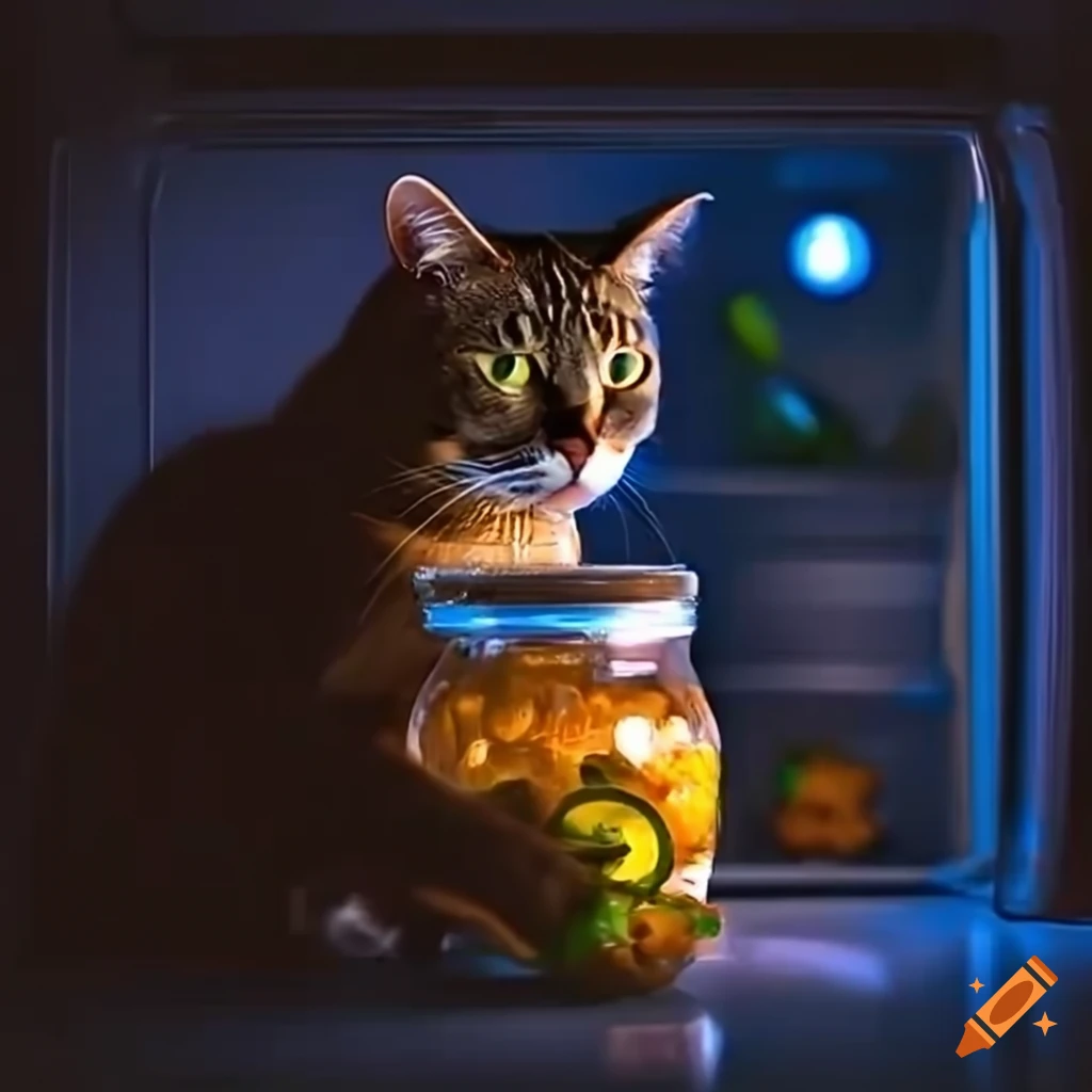 Cat eating jalapeños in front of an open fridge at night on Craiyon