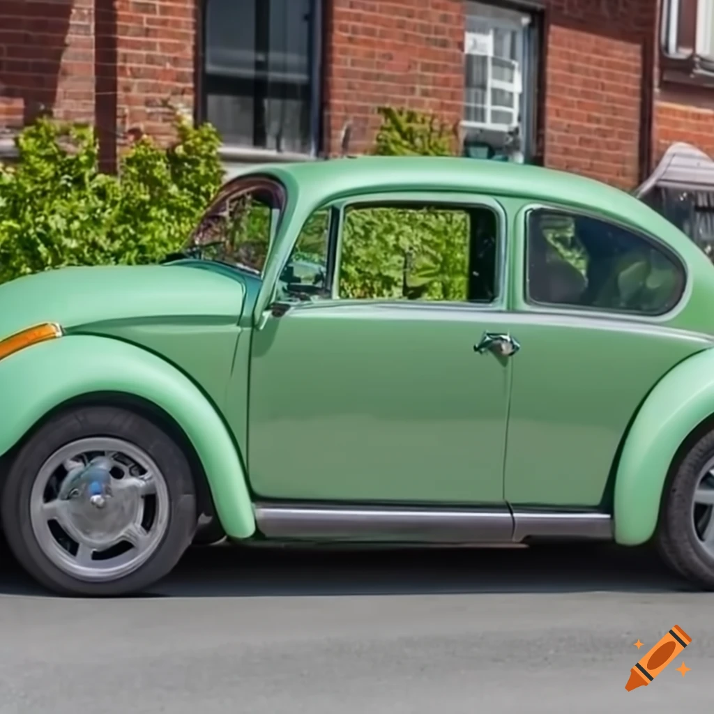 Light green Beetle car with stylish light gray wheels on a sunny day