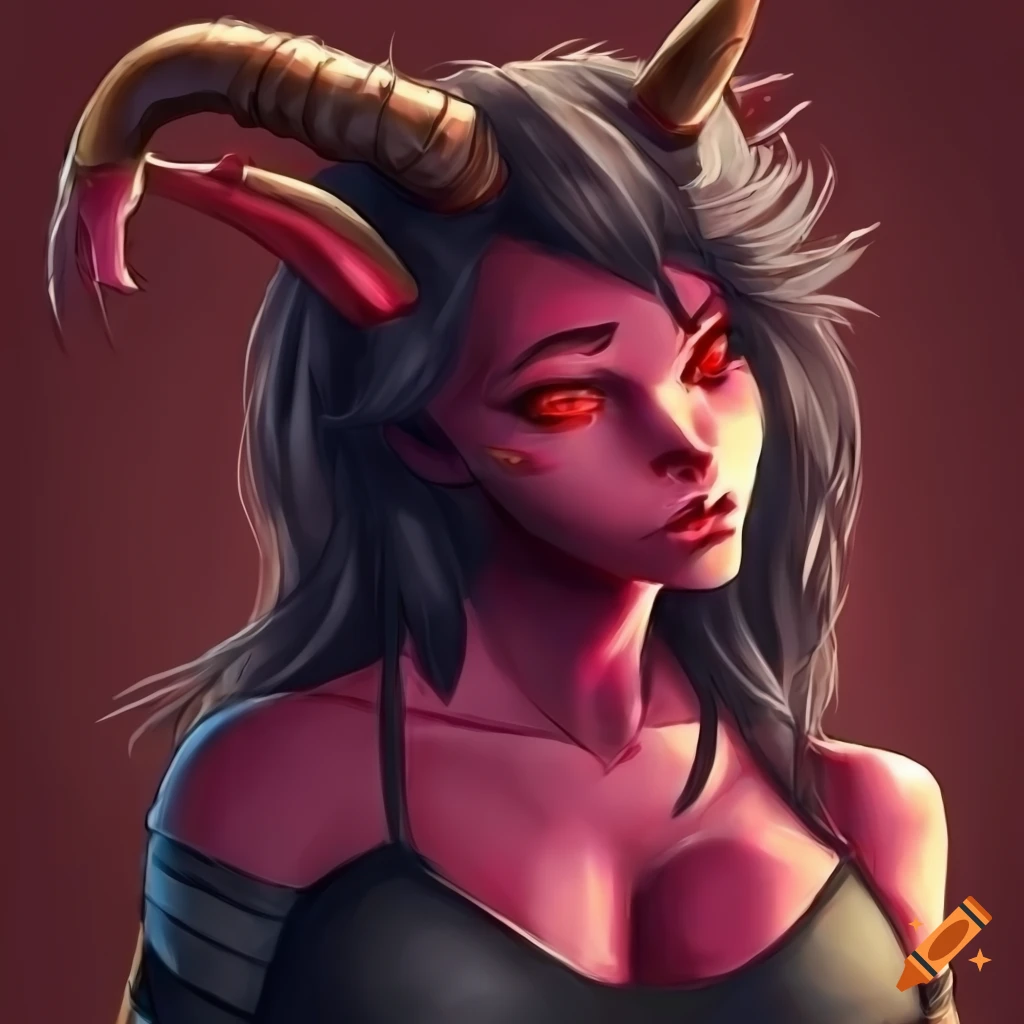 Red-skinned tiefling rogue with black hair and horns, red eyes, and tail
