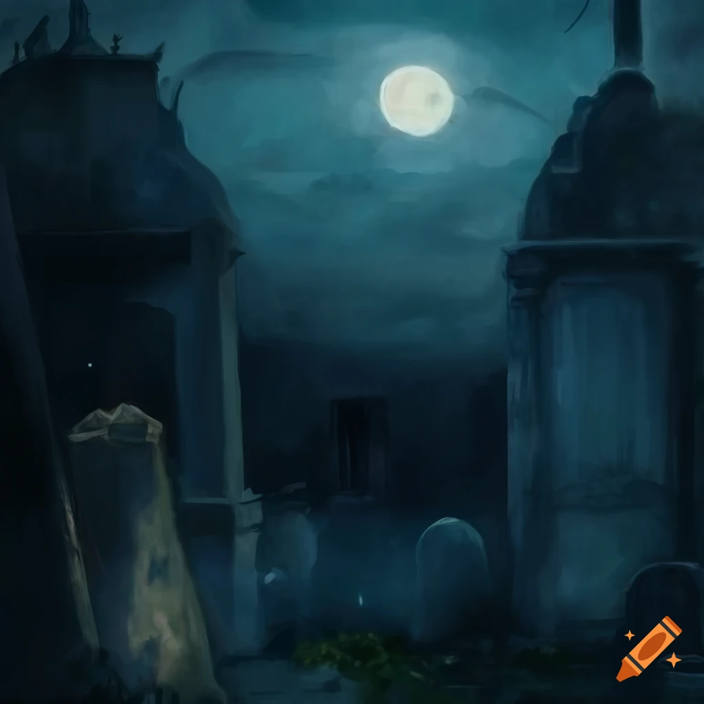 Moody painting of spirits in graveyard with firelight