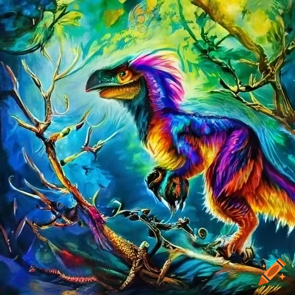 Vibrant feathered velociraptor with colorful wings in a fantasy setting