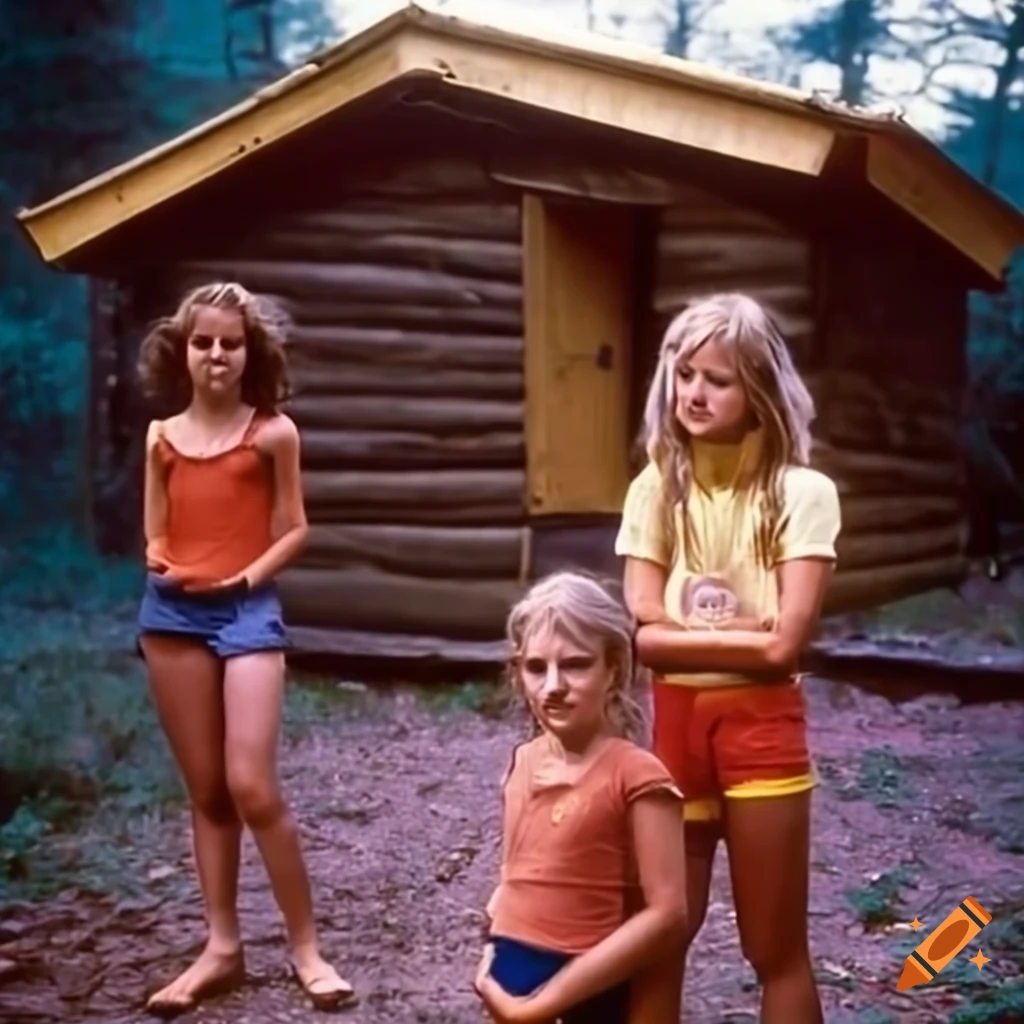1980s style camp counselors in front of a cabin