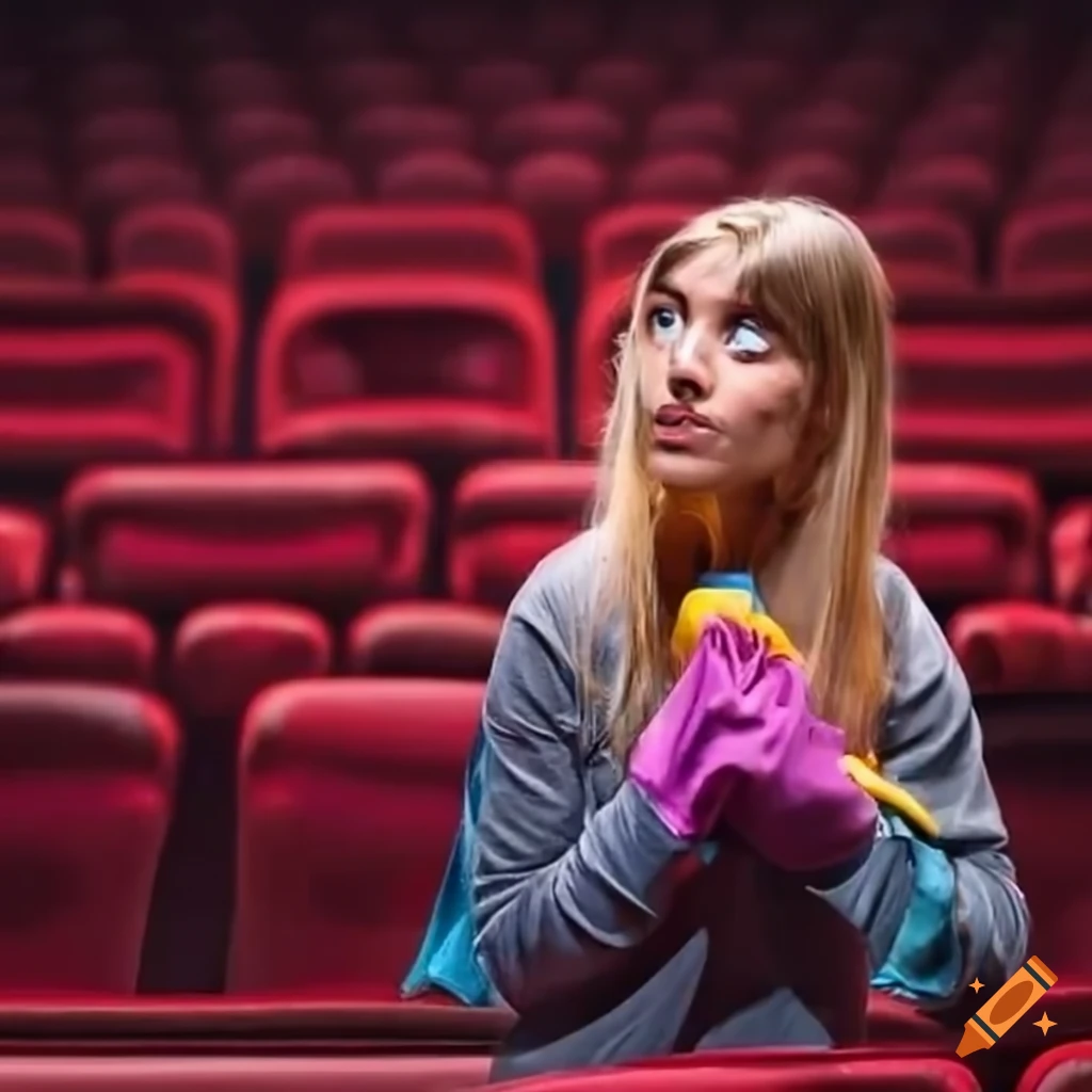 Young cleaning lady in a theater setting