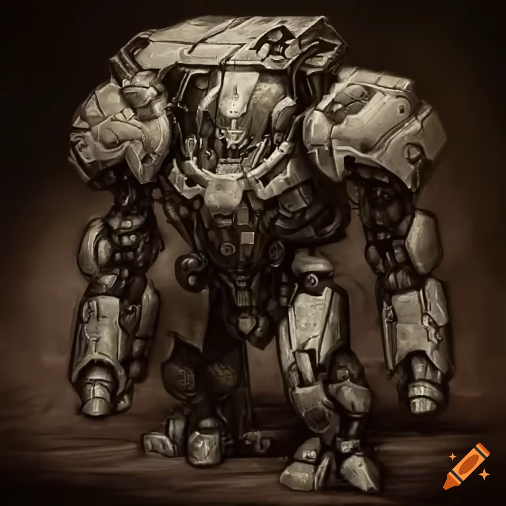 Warmachine mech with ancient and semi-modern elements in 4k resolution