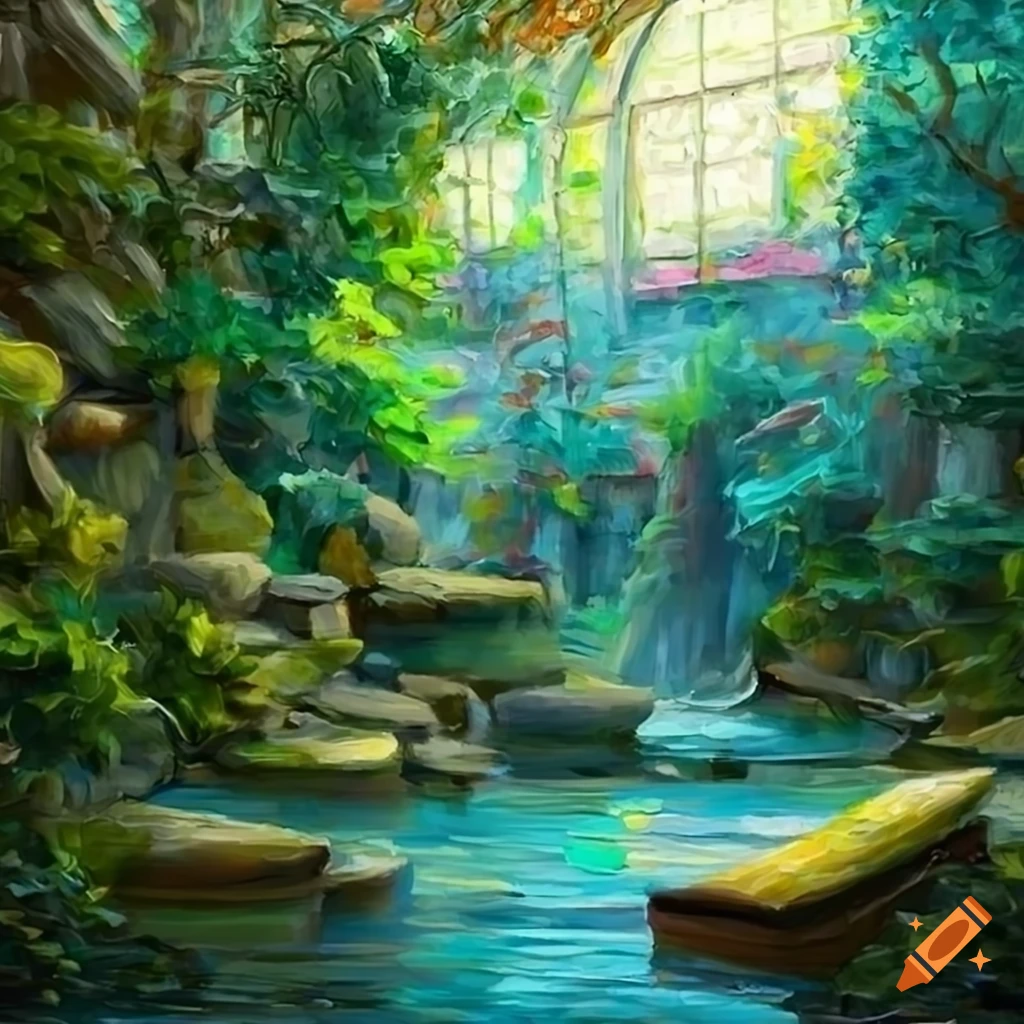 Greenhouse interior with trees, plants, rocks, and water in fantasy style