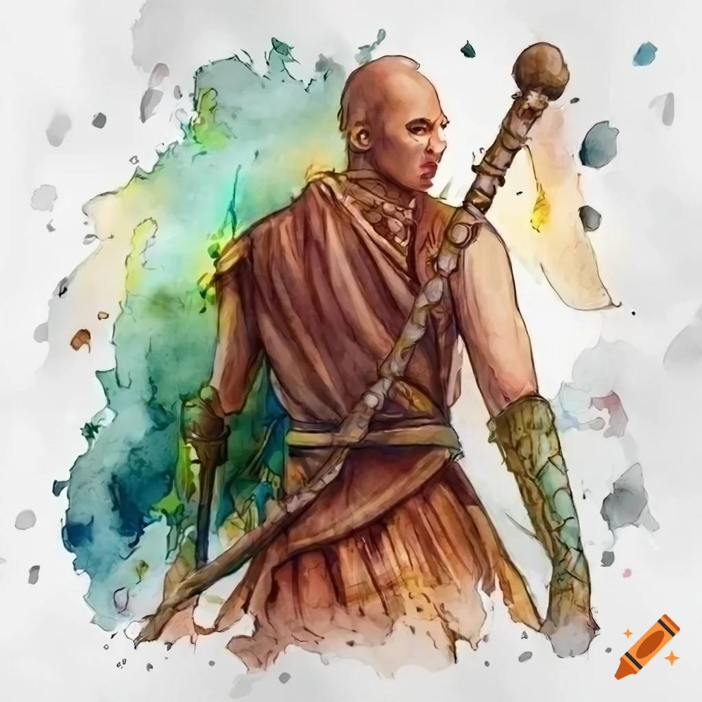 Elven monk wielding a wooden fighting staff in a fantasy setting
