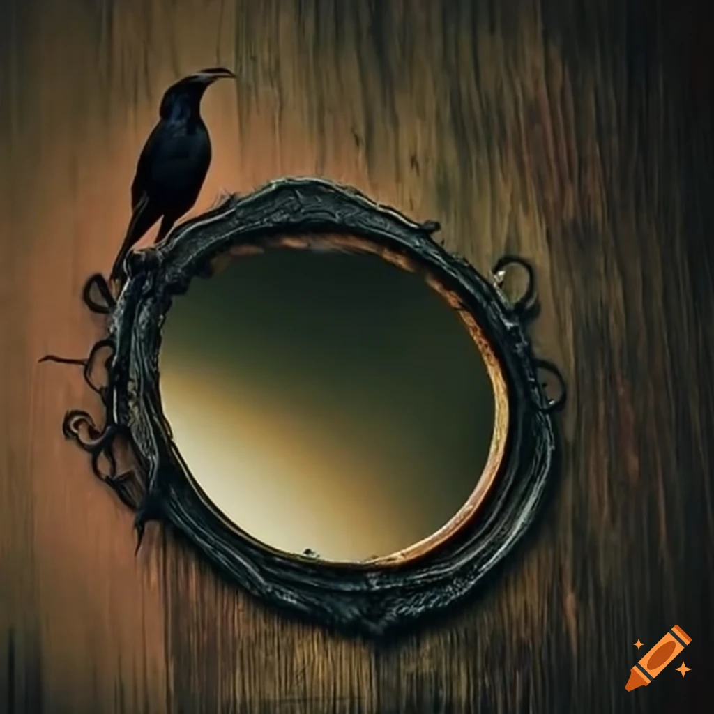 Crows flying out of an old mirror on Craiyon