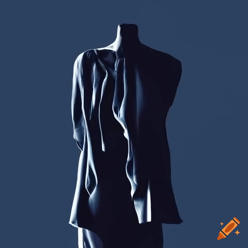 High definition silhouette of unisex issey miyake clothing with deep blue and opalescent colors