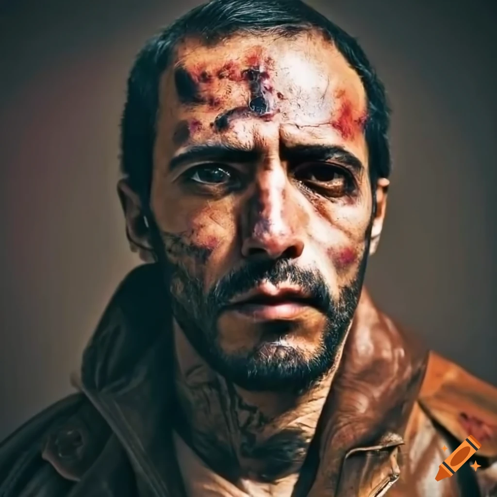 Intense portrait of a rugged Spanish man in a leather jacket with burn marks