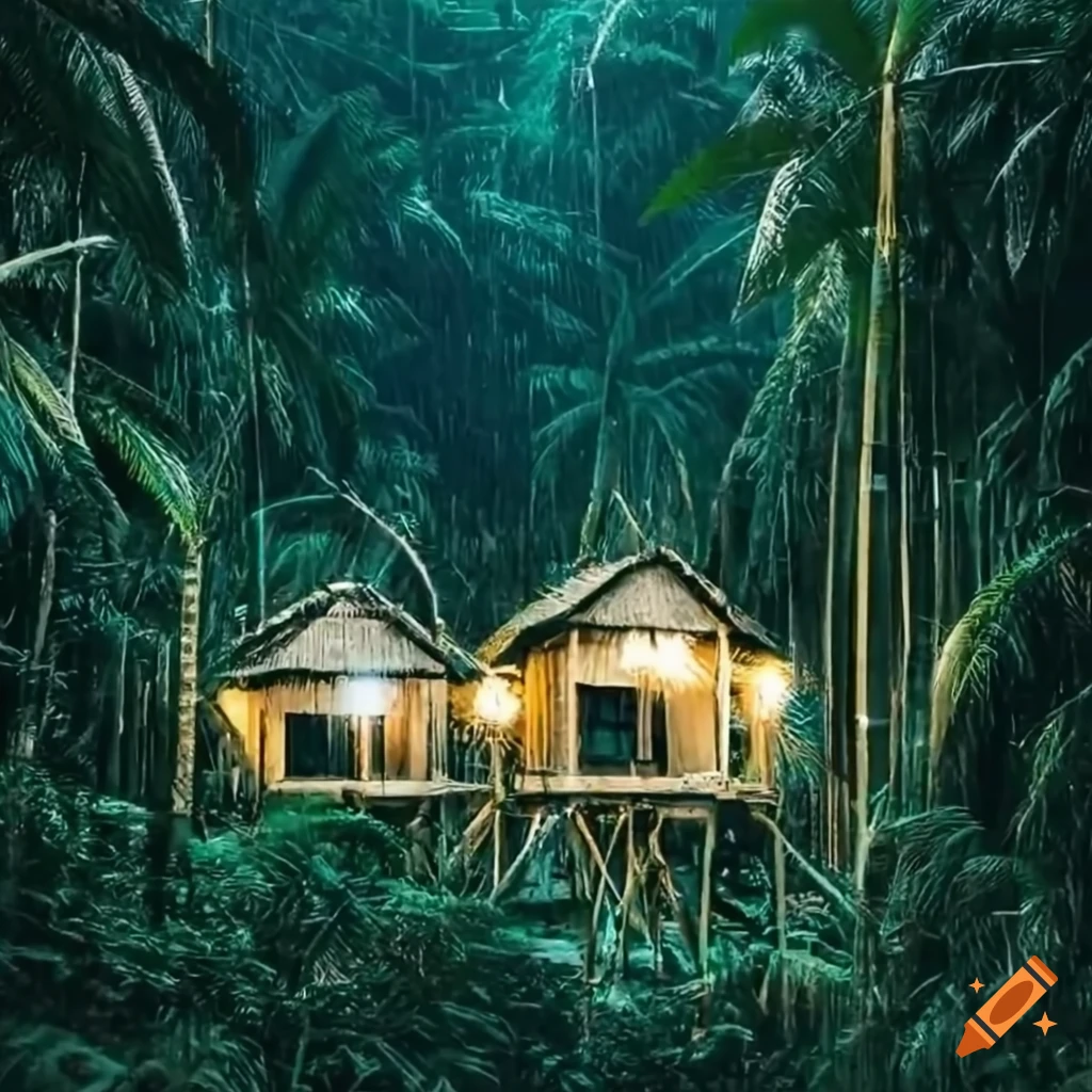 Bamboo village in rainforest at night with illuminated houses