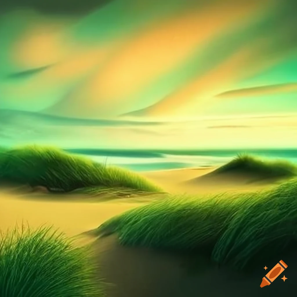 Fantasy art of grass-covered dunes at a coast