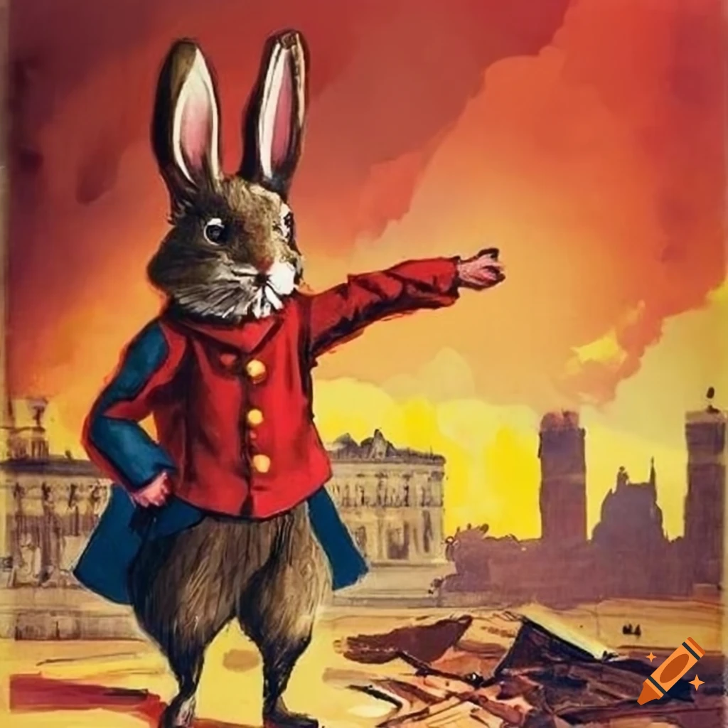 Peter Rabbit wearing a red Soviet hero medal on the Reichstag building in a war-torn Berlin setting
