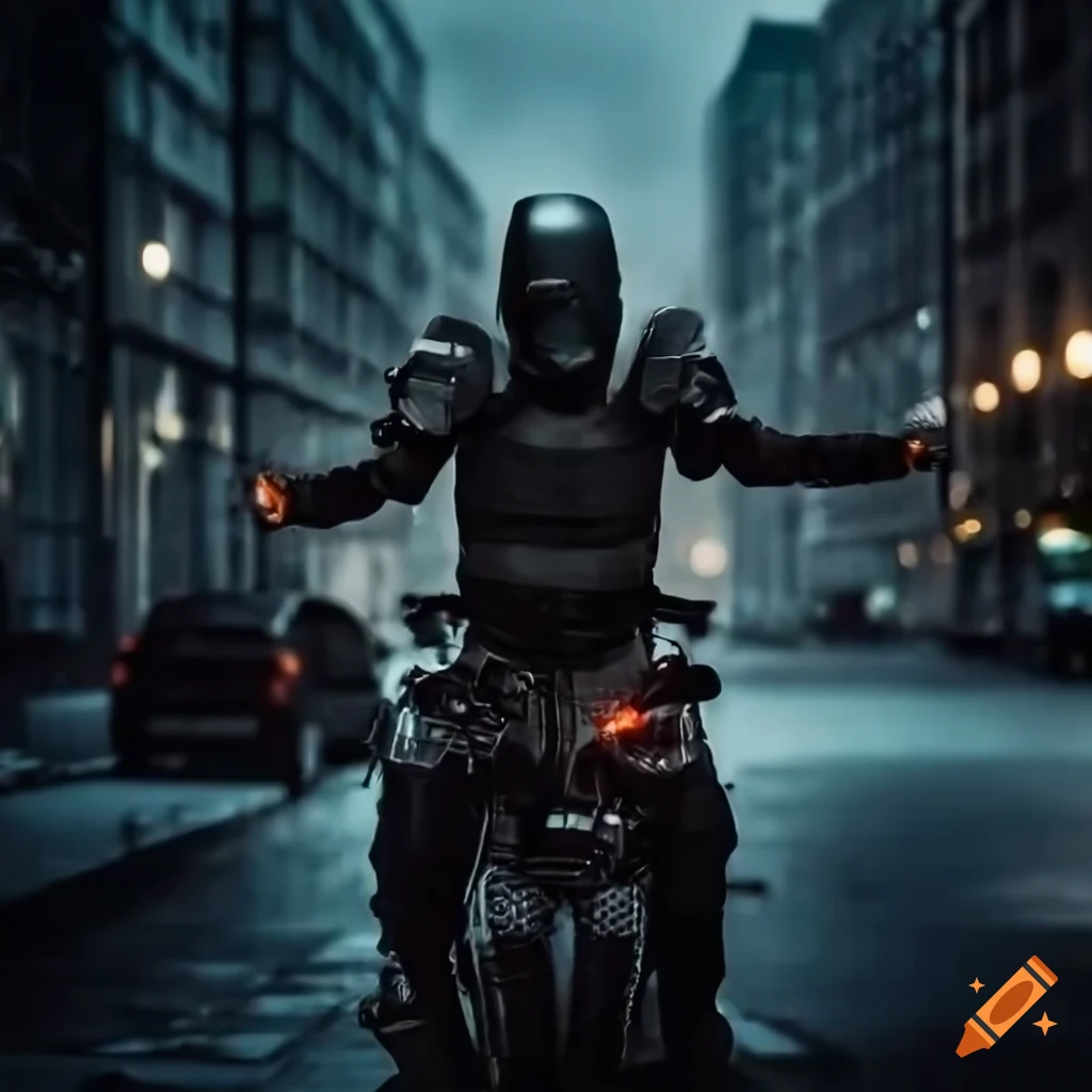 Man in body armor on a motorcycle in dark city streets on Craiyon