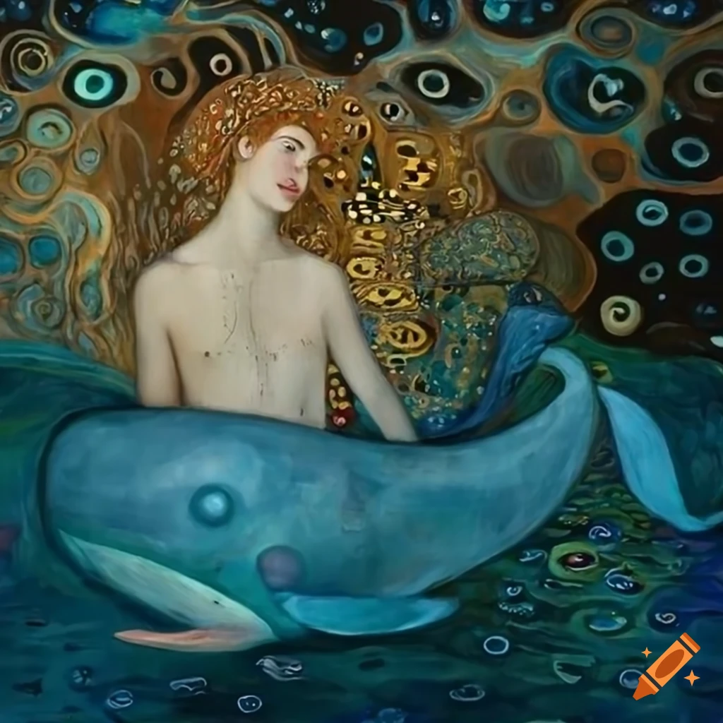 Moody Klimt style painting of Jonah and the whale
