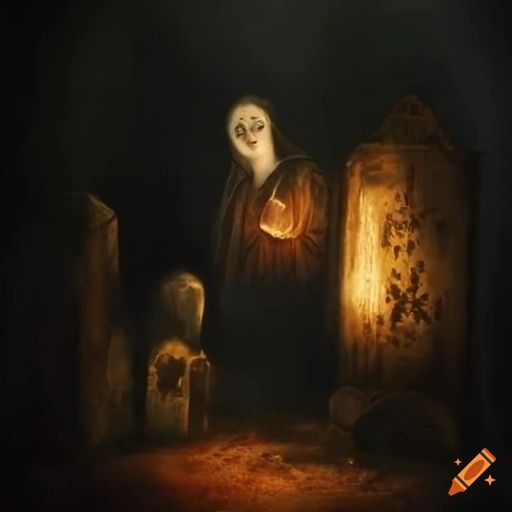 Renaissance style patchwork painting of spirits in a graveyard at night