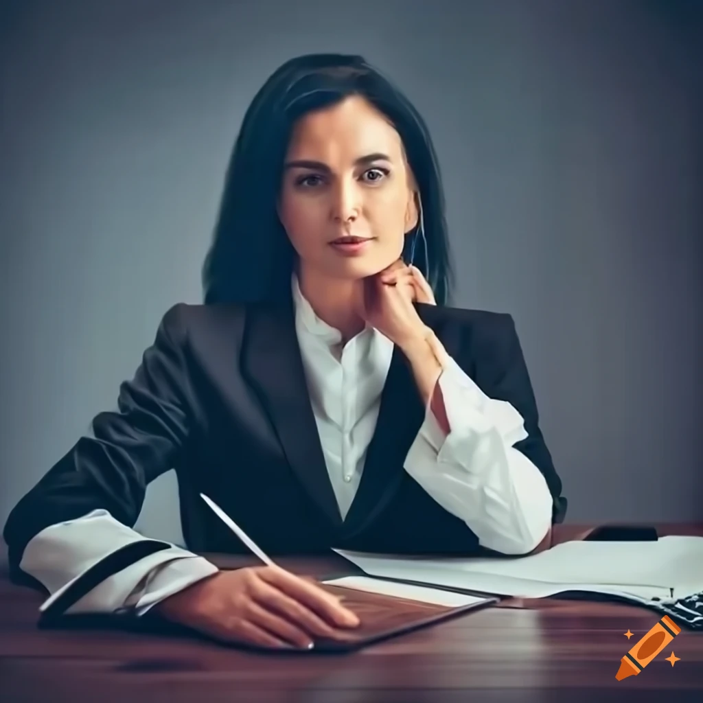 Adult female spanish lawyer in a business suit at her office desk on