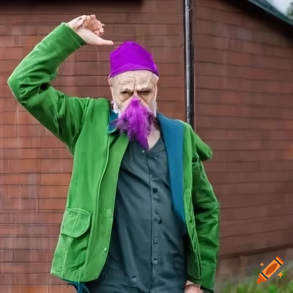 Nervous 40-year-old man with purple mustache dancing in the rain by his house