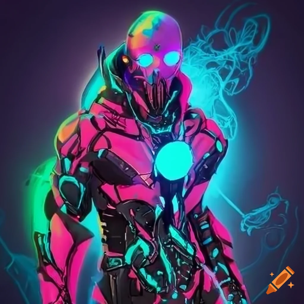 Bright neon cyborg wizard ninja