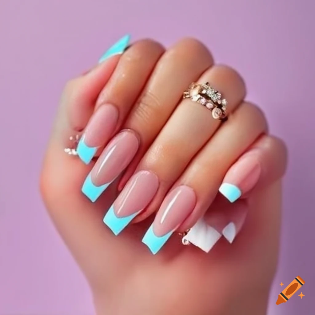 Pink and white French tip nails with light blue hearts