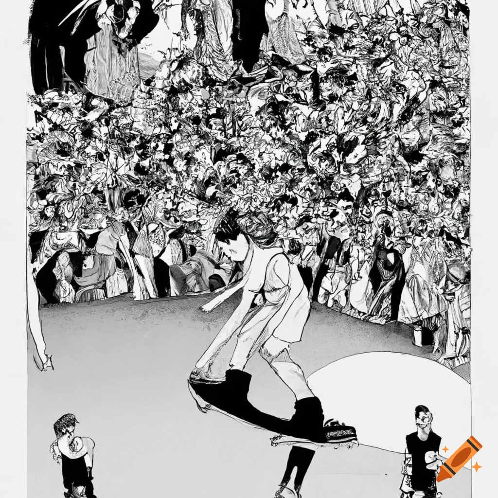 Skater with bouquet of flowers escaping from a smiling crowd in a 90s rave party design