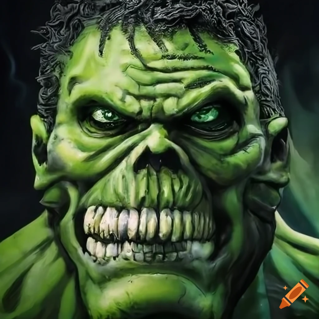 Fierce and intricate green skull artwork of hulk with detailed hair on ...