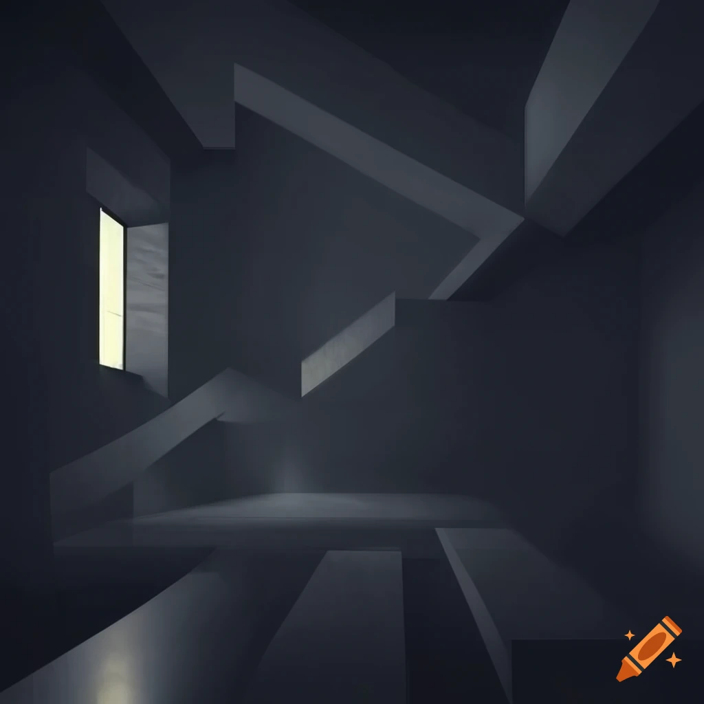 Escher-style black stone room with impossible geometry
