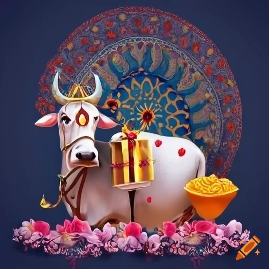 Cow adorned with flowers and fruits with Lord Shiva nearby