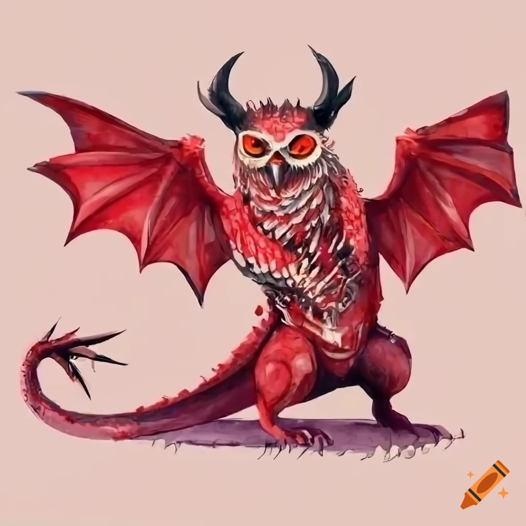 Horrifying monster hybrid of owl and dragon in watercolor style