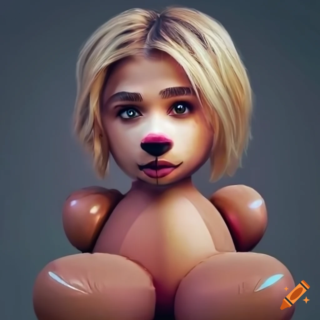 Chloe Grace Moretz on an inflatable teddy bear body sitting on a couch