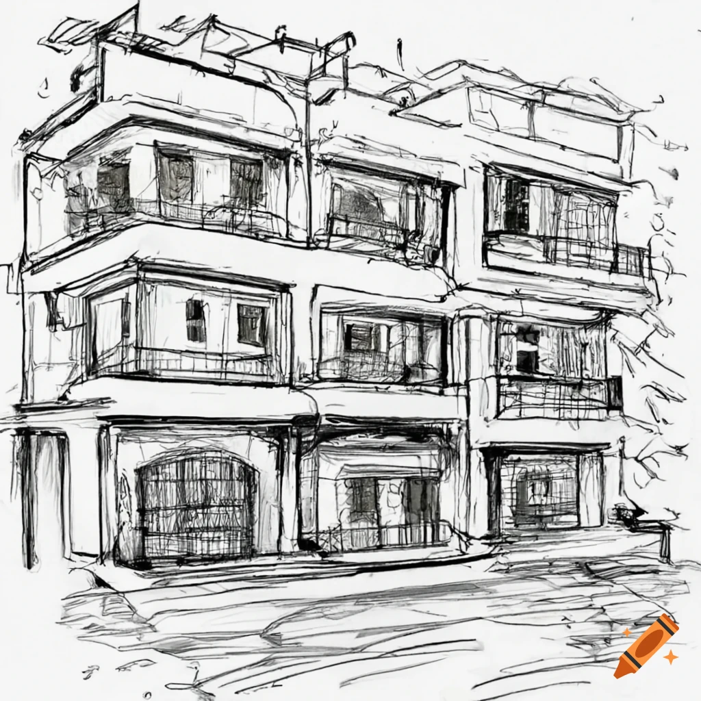 Sketch of a duplex house with 5 bedrooms and 3 bathrooms including a kitchen