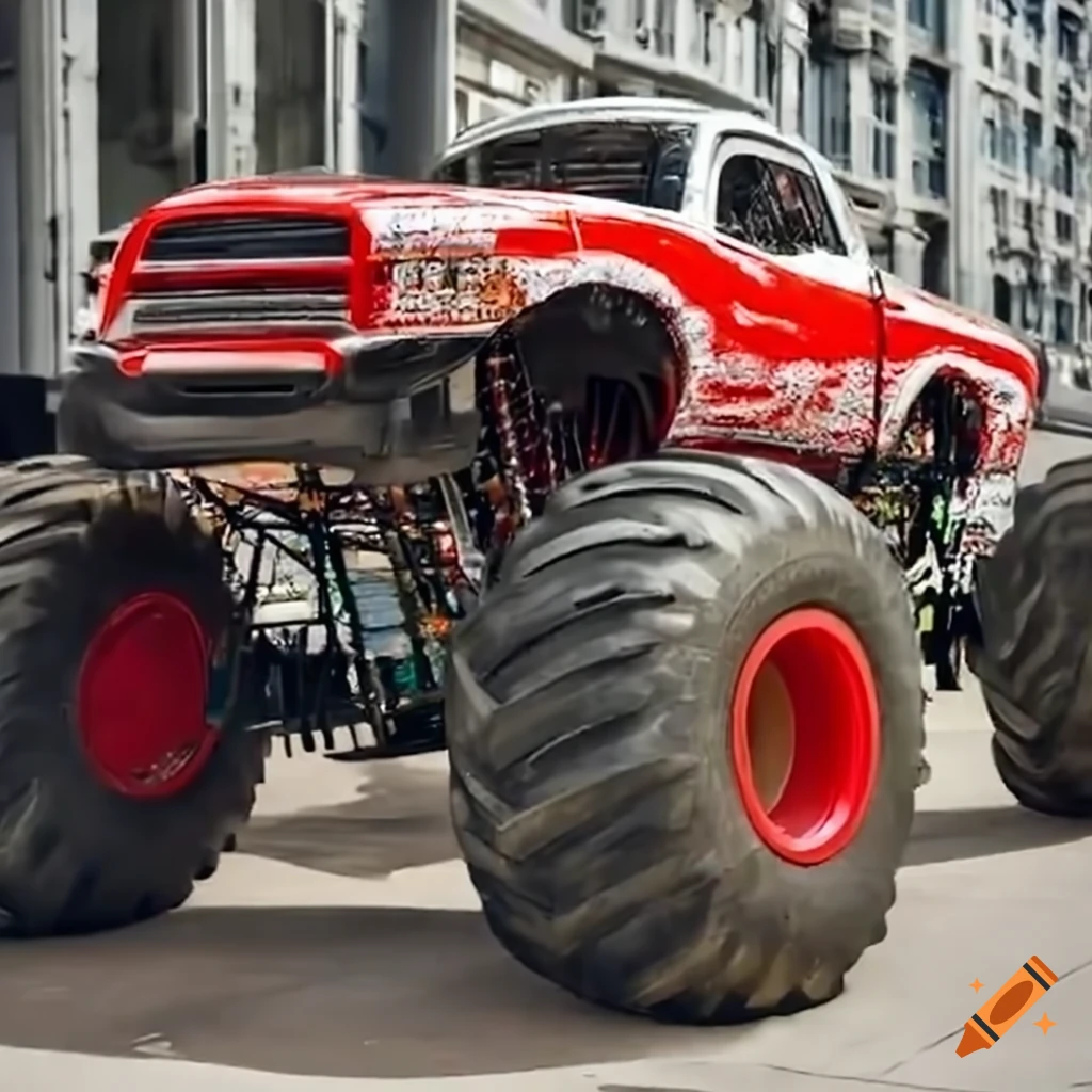 Monster truck with big red and white wheels in front of a cityscape