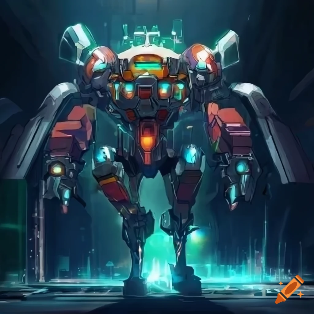 Mech sci-fi suit with rockets from ankles lifting off the ground, with parked spaceships in the background ready to take off