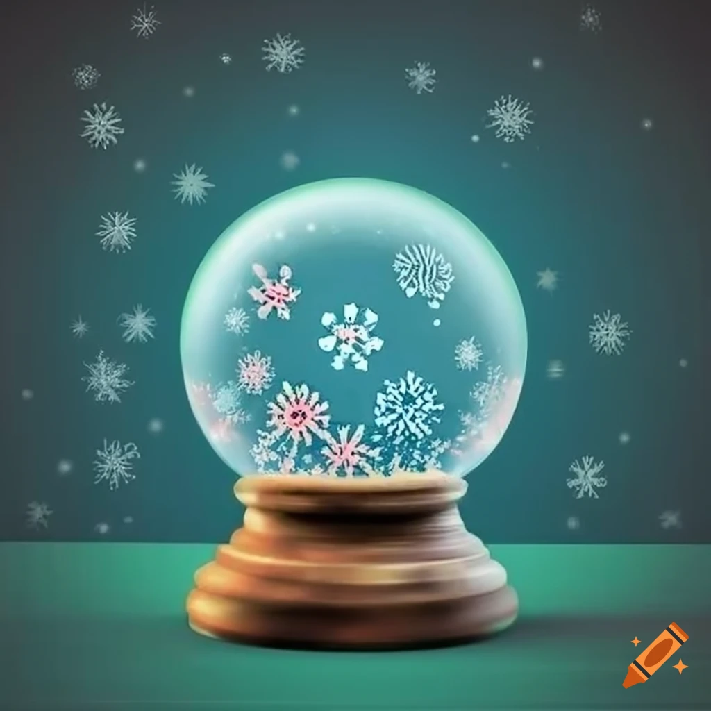 Snow globe with snowflakes on wooden base in a fantasy setting on Craiyon