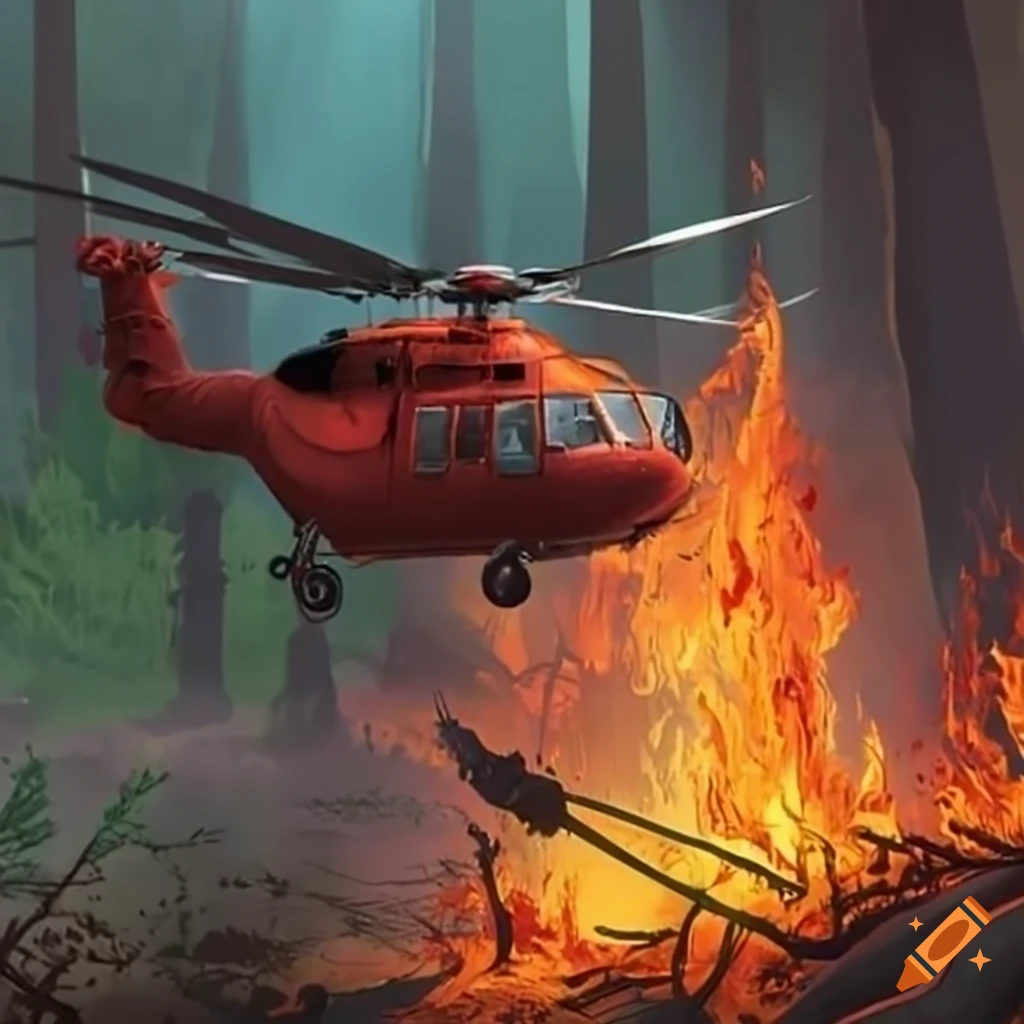 Helicopter combatting forest fire in a children's book scene