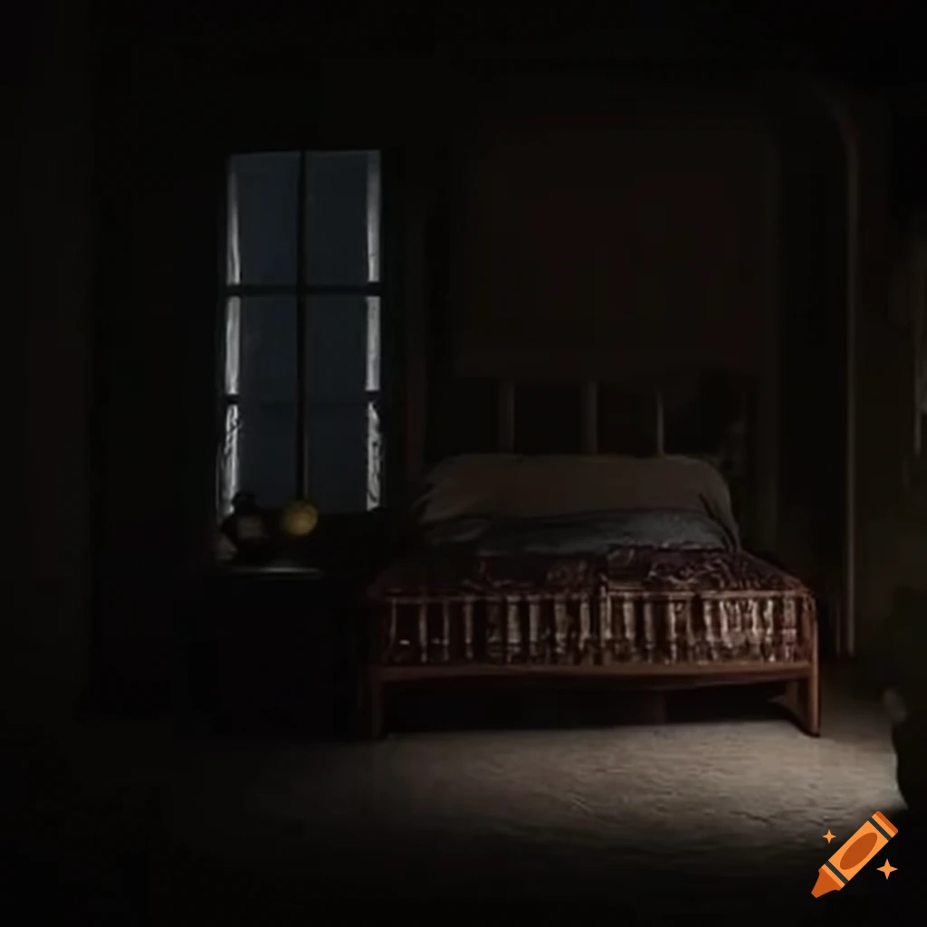 Castle bedroom at night with rain outside the window