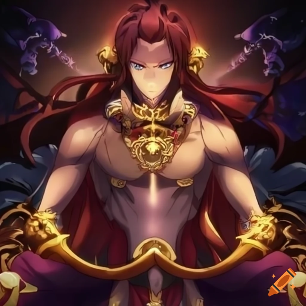 Anime royal god with moustache sitting on the holy throne